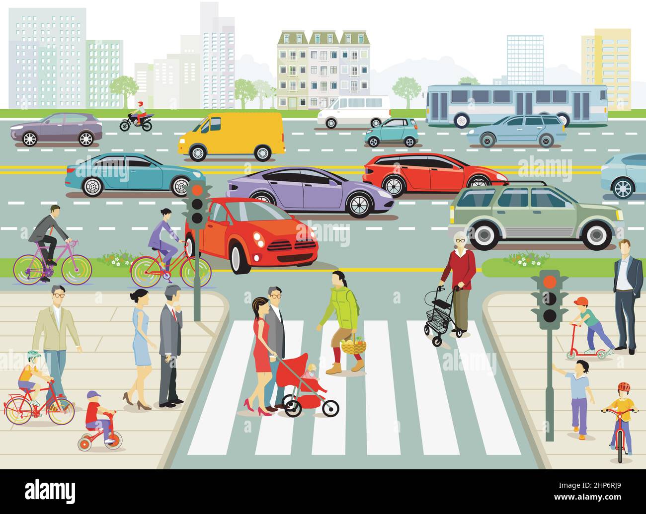 City with pedestrians and road traffic, illustration Stock Vector Image ...