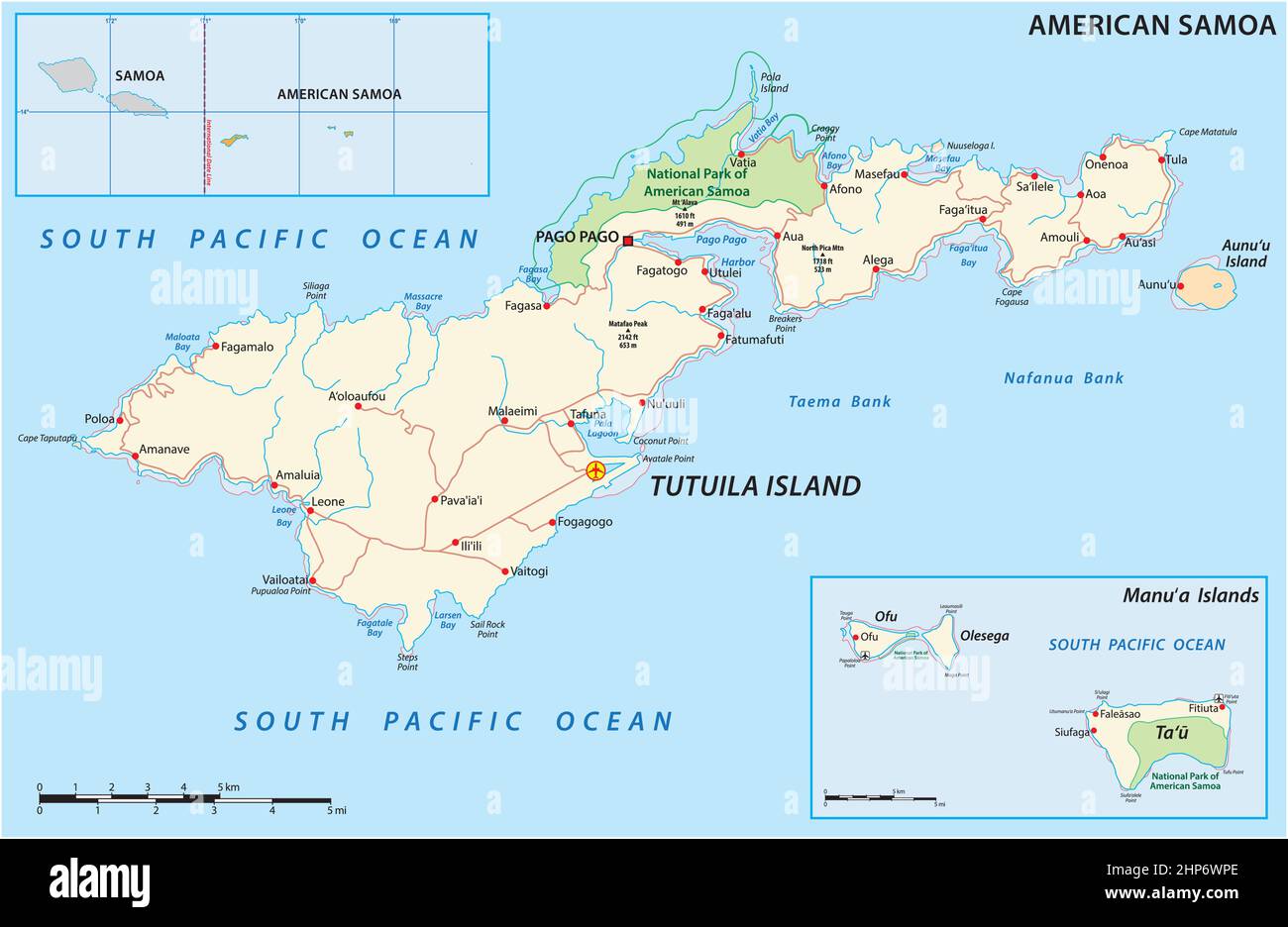 detailed american samoa vector road map, United States Stock Vector