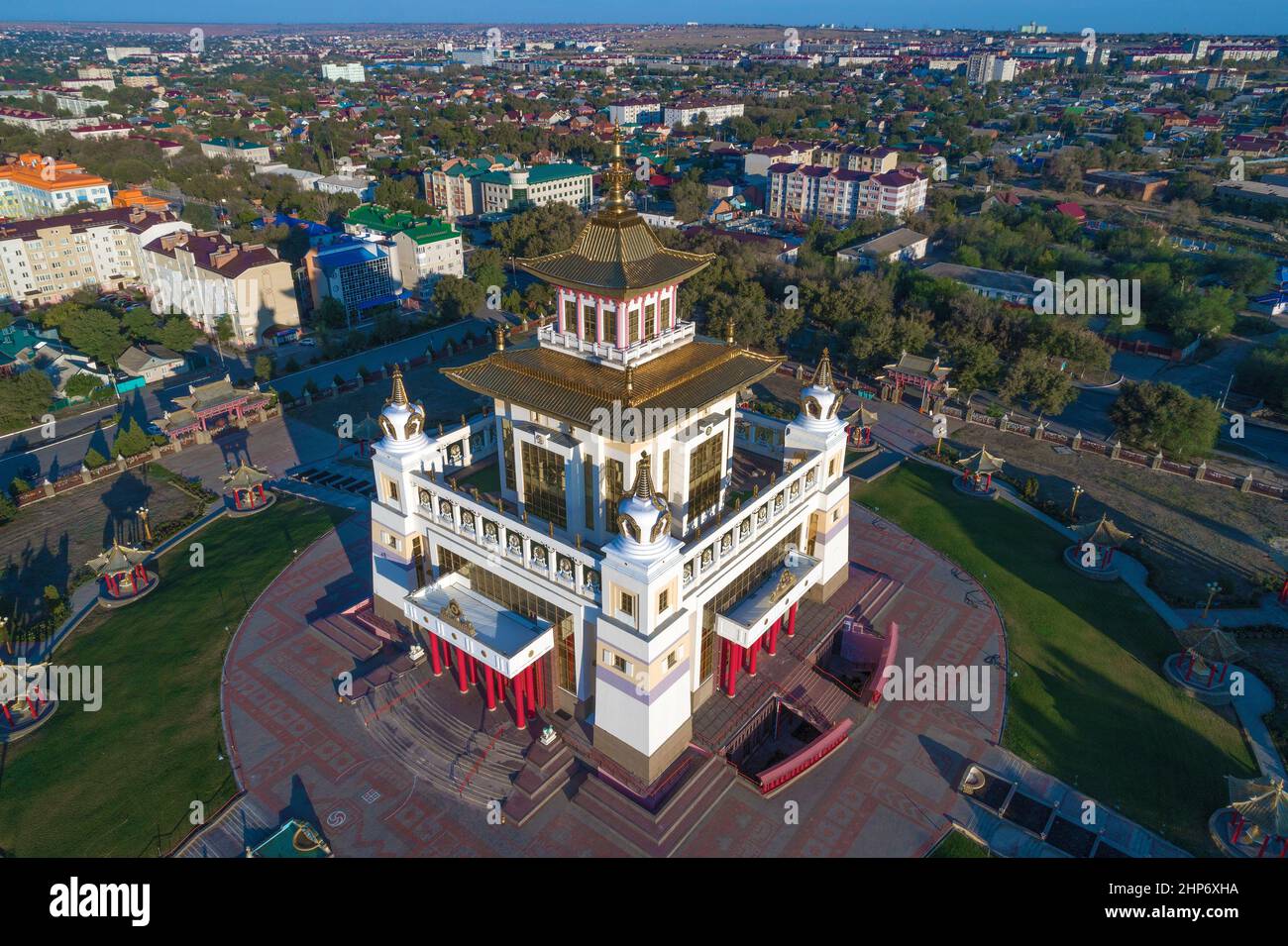 Buddhist temple of 'Golden Abode of Buddha Shakyamuni' close-up on a September morning (aerial view). Elista, Republic of Kalmykia. Russia Stock Photo