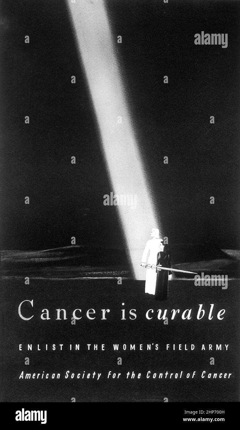 Poster of artistically rendered landscape scene with woman standing in foreground holding a sword - white light shines down on woman with slogans: Cancer Is Curable, Enlist In The Women's Field Army, American Society For The Control Of Cancer ca.  Unknown date Stock Photo