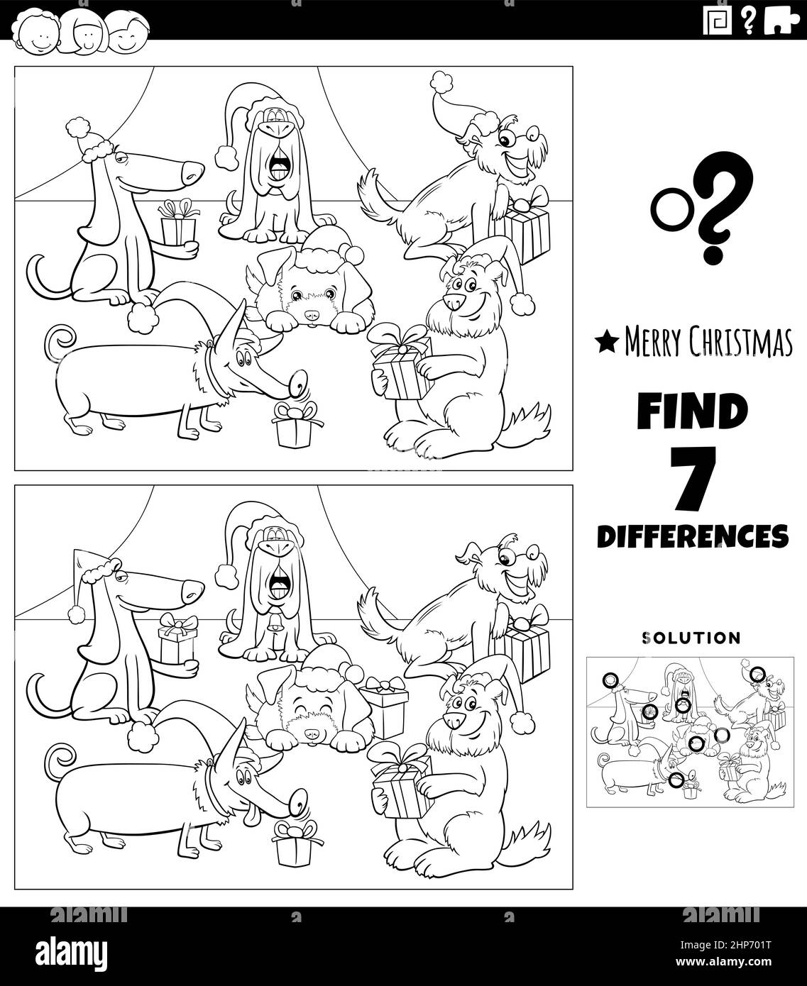 differences game with dogs on Christmas time coloring book page Stock ...