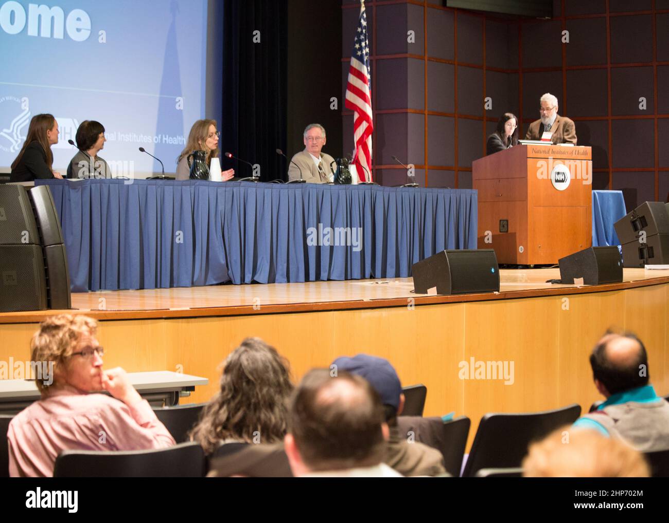 MJ NeuroSummit co-moderators (far right), Drs. Susan Borja from NIMH and John Williamson from NCCIH introduce the panel on the therapeutic potential of cannabinoids and marijuana, from left to right:  Dr. Christina Rabinak from Wayne State University, Dr. Cecilia Hillard from Medical College of Wisconsin, Dr. Andrea G. Hohmann from Indiana University and Dr. Barth Wilsey from the University of California, San Diego ca.  2016 Stock Photo