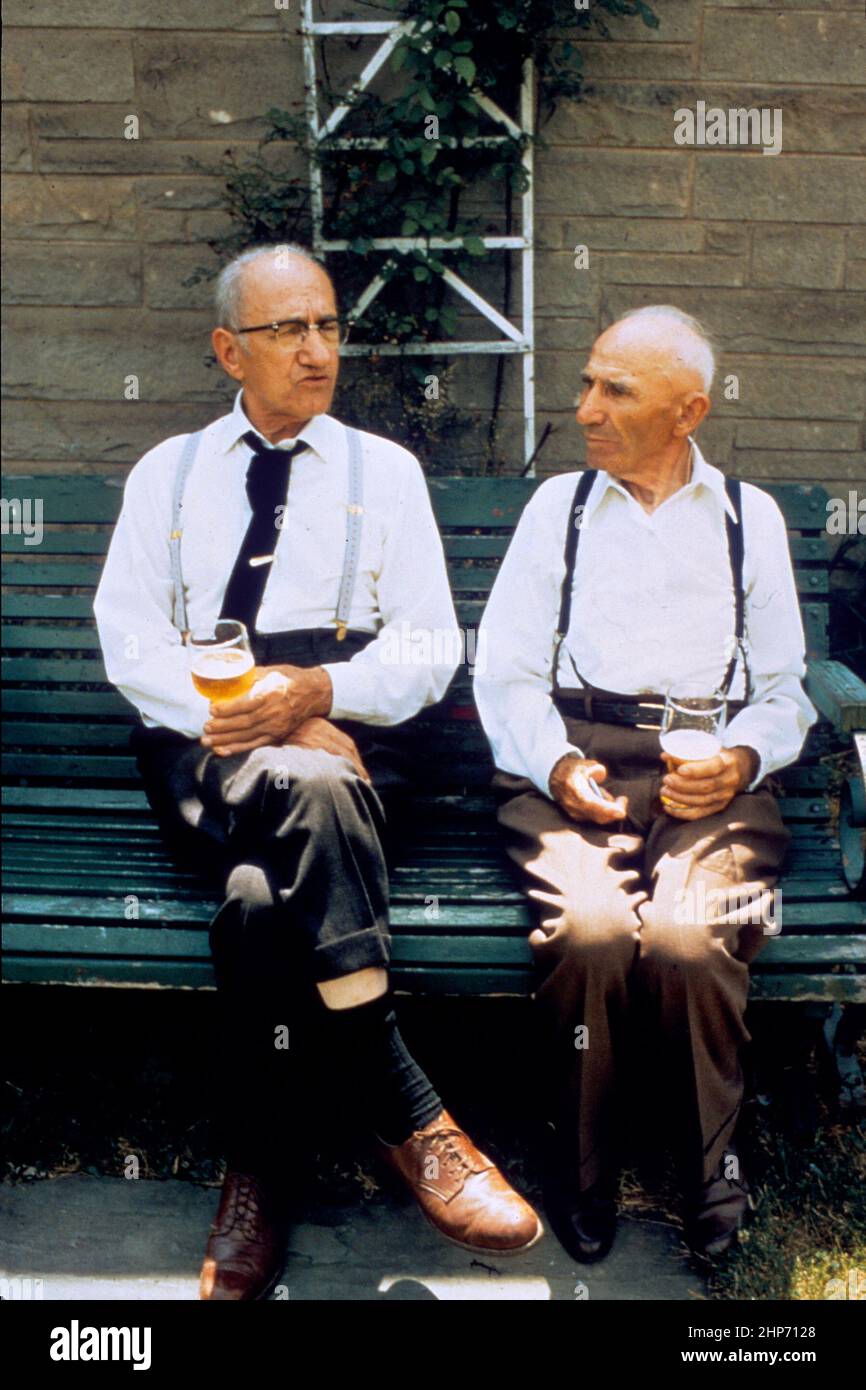 Two elderly Caucasian males in shirt-sleeves sitting on a bench outside and are drinking beer ca.  1980 Stock Photo