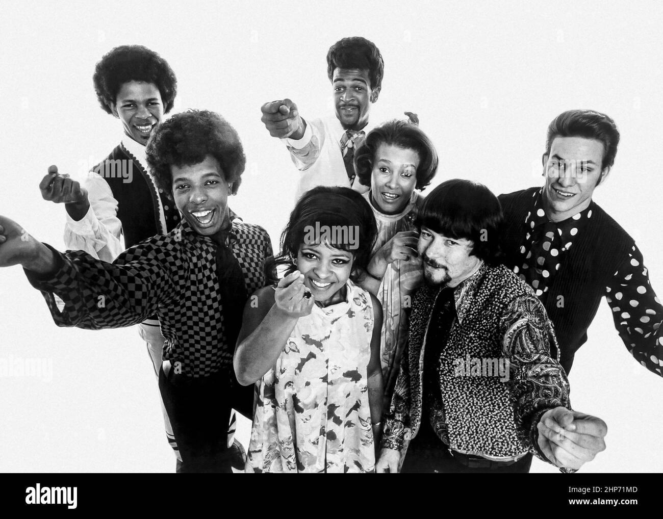 Publicity photo of the American band Sly and the Family Stone in 1968. Clockwise from top left: Freddie Stone, Sly Stone, Rose Stone, Larry Graham, Cynthia Robinson, Jerry Martini, Greg Errico Stock Photo