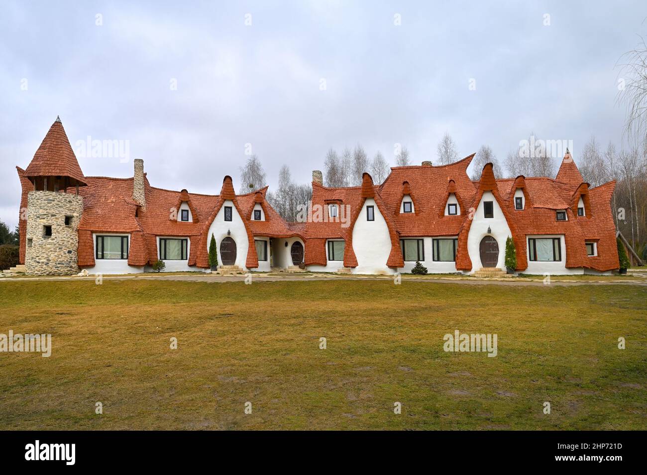 Fairytale clay castle of Porumbacu Village, Sibiu Region, Romania - 07 January 2022 Stock Photo