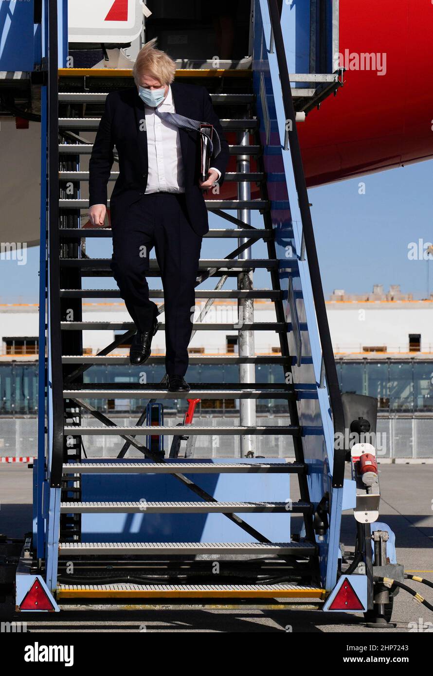 Prime Minister Boris Johnson arrives on a flight in Munich, Germany, to attend the Munich Security Conference and meet with world leaders to discuss tensions in eastern Europe. Picture date: Saturday February 19, 2022. Stock Photo