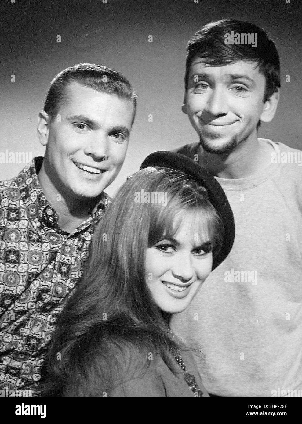Publicity photo of Dwayne Hickman, Bob Denver, and Danielle De Metz from the television show The Many Loves of Dobie Gillis Stock Photo