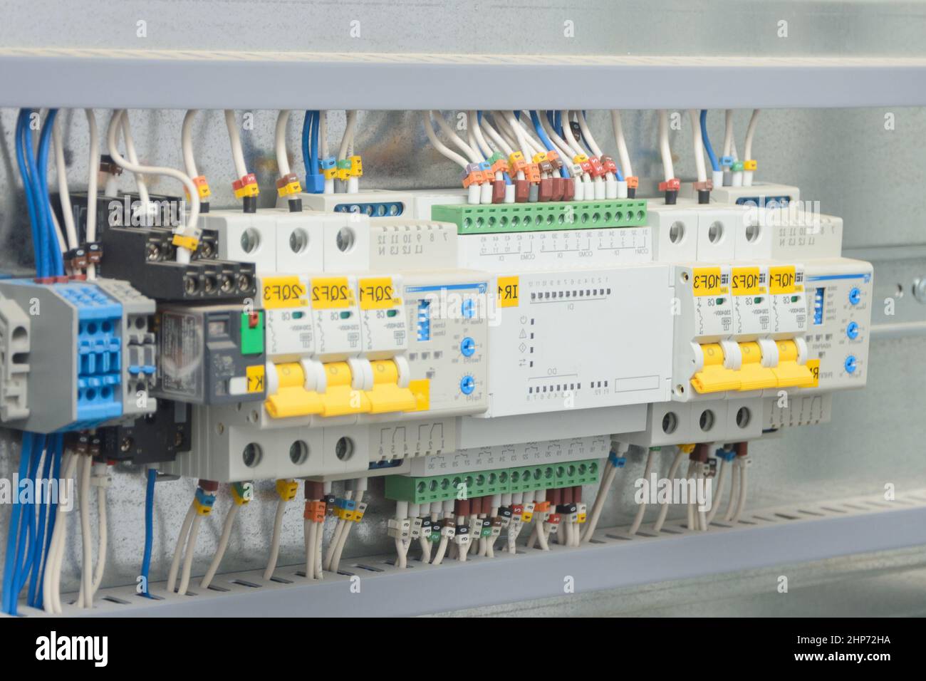 PLC circuit breakers on the platform. rupture plan, selective focus. Stock Photo