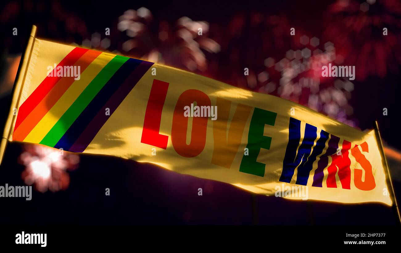 Love Wins transparent flag on firework holiday sky bg - object 3D rendering Stock Photo