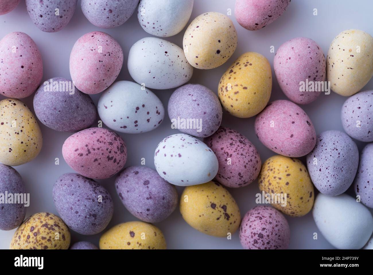 Colorful speckled mini Easter eggs on a plain back ground shot from above, flat lay Stock Photo
