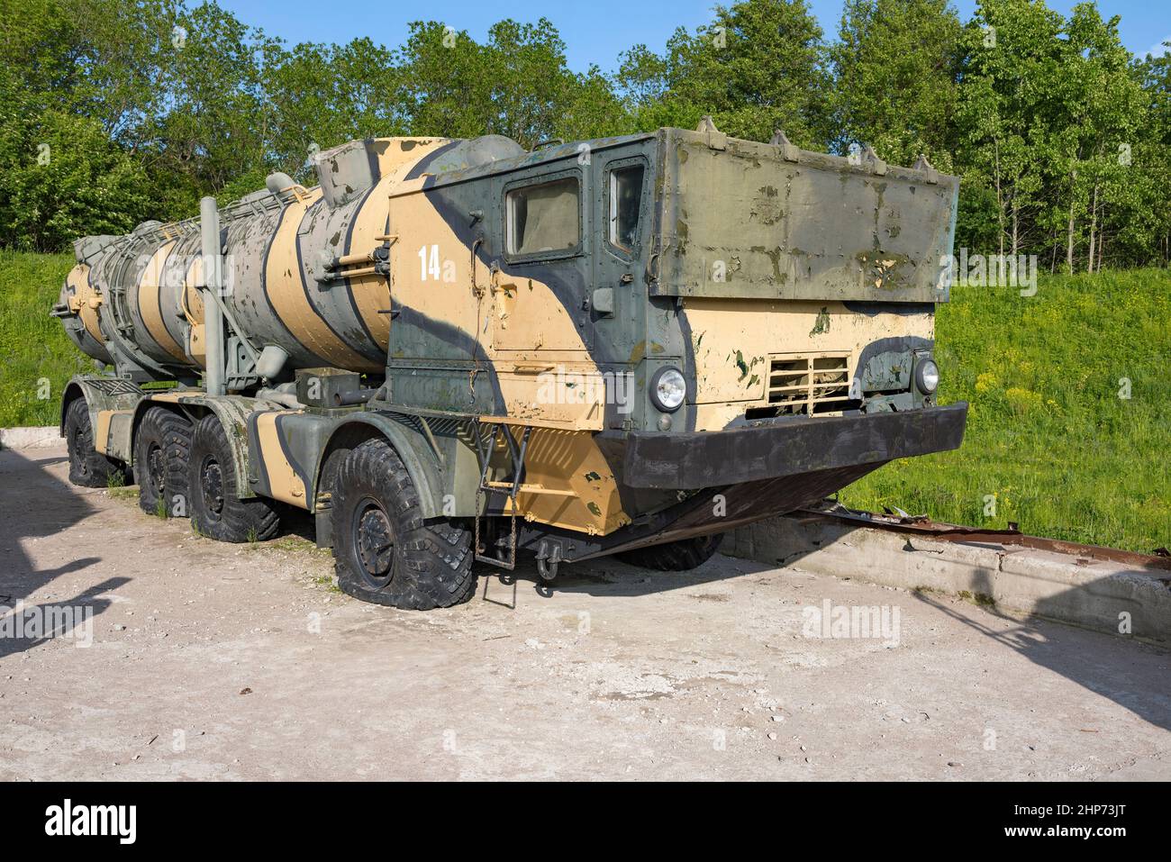 KRONSTADT, RUSSIA - JUNE 03, 2019: Self-propelled launcher SPU-35B of the old Soviet coastal missile system 'Redut' on a sunny summer day Stock Photo