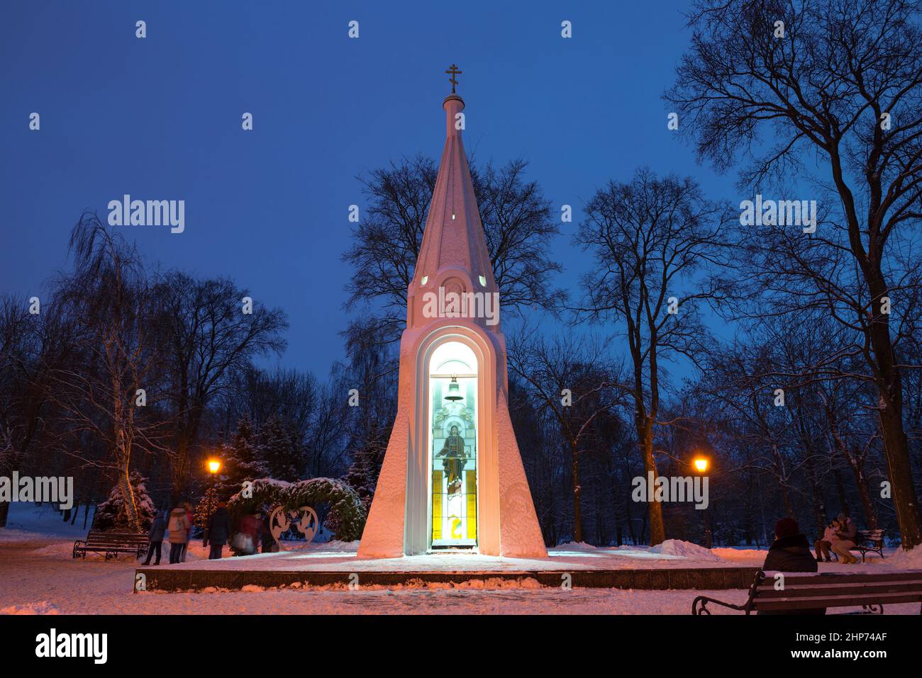 YAROSLAVL, RUSSIA - JANUARY 05, 2021: Chapel in honor of the Kazan Icon of the Mother of God on January night Stock Photo