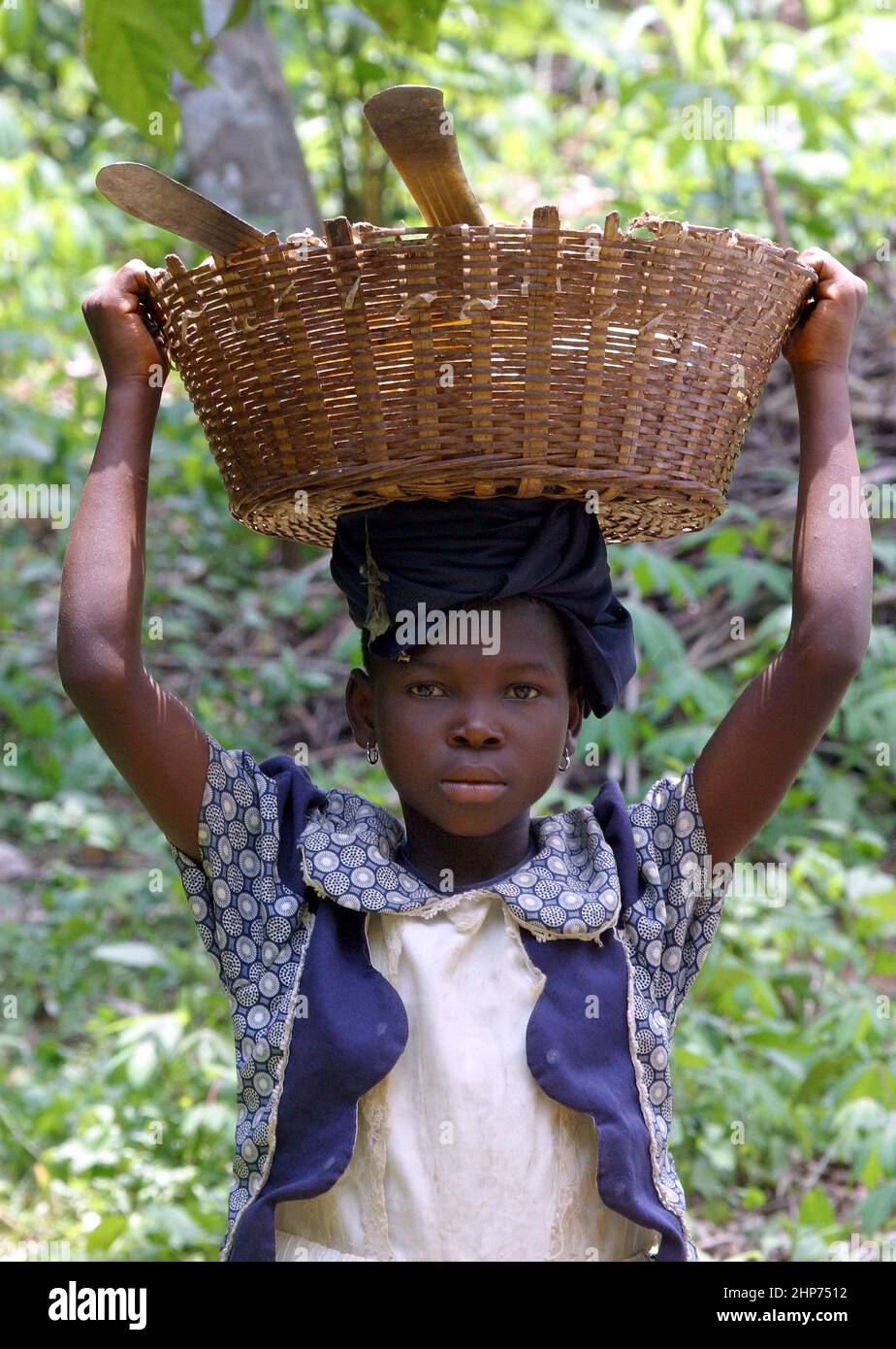 Child with basket on head full of machete and panga for cutting. Ghana West Africa. Picture: garyroberts/worldwidefeatures.com Stock Photo
