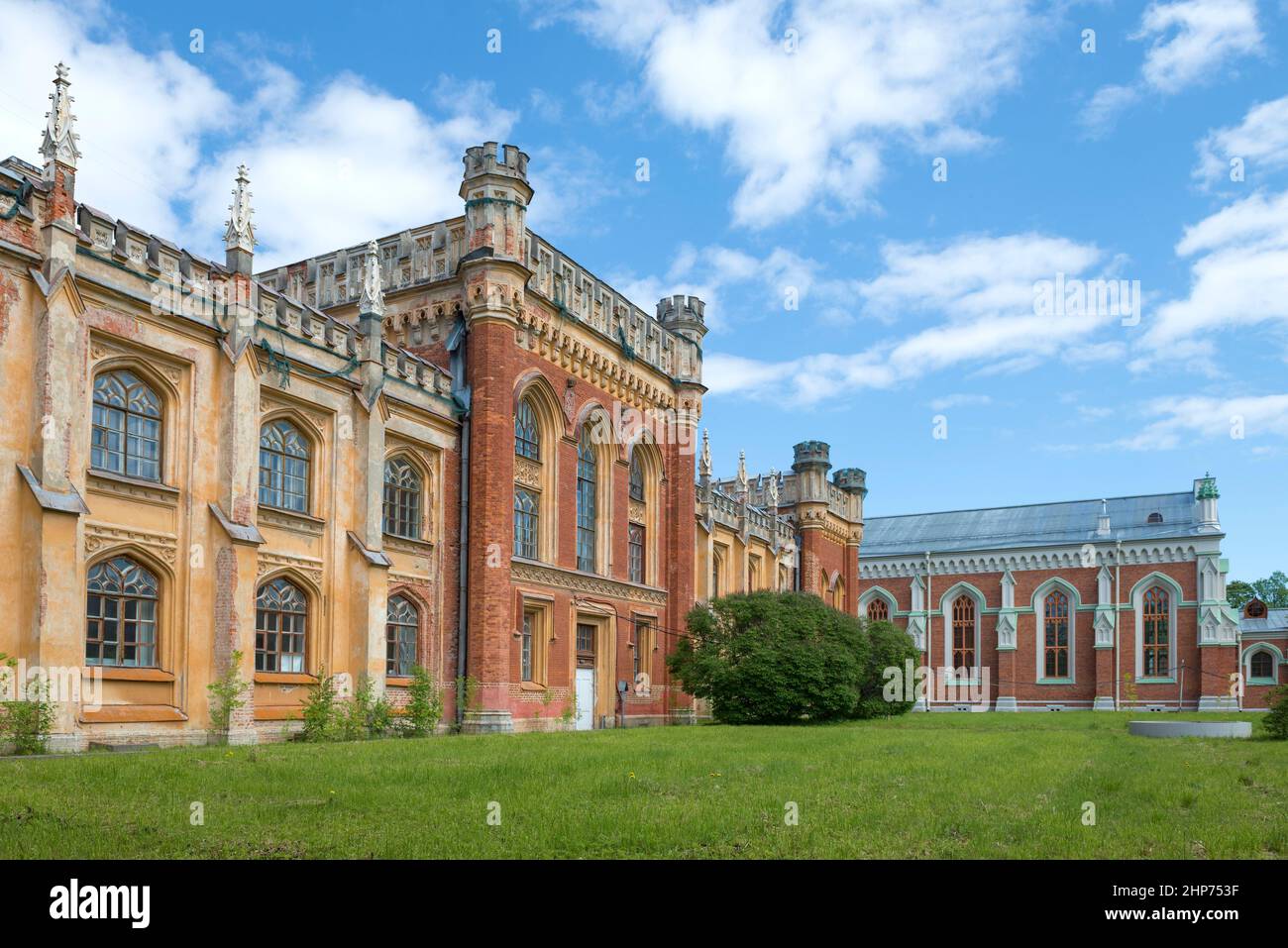 PETRODVORETS, RUSSIA - MAY 29, 2021: Fragment of the ancient complex of the Imperial Gothic stables on a sunny May day. Peterhof Stock Photo