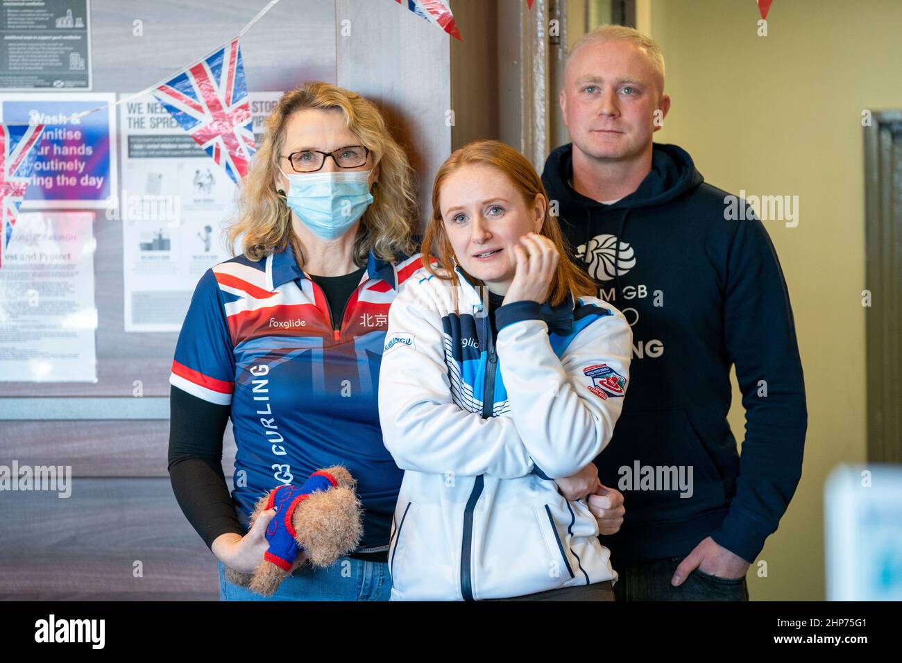 from left) Marie Mouat, mother of Bruce Mouat, friend Lizzy Linklater and Bruces partner Craig Kyle watch Team GB compete in the Olympic mens curling final at the Edinburgh Curling Club