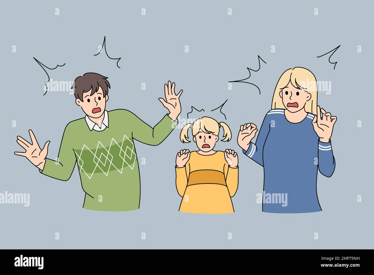Scared family with kid feel terrified by unexpected issue Stock Vector