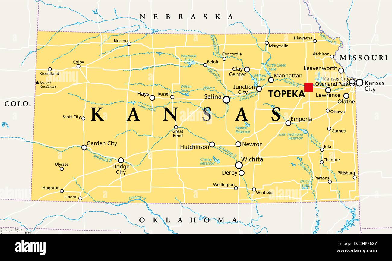 Kansas, KS, political map, US state, nicknamed The Sunflower State Stock Vector