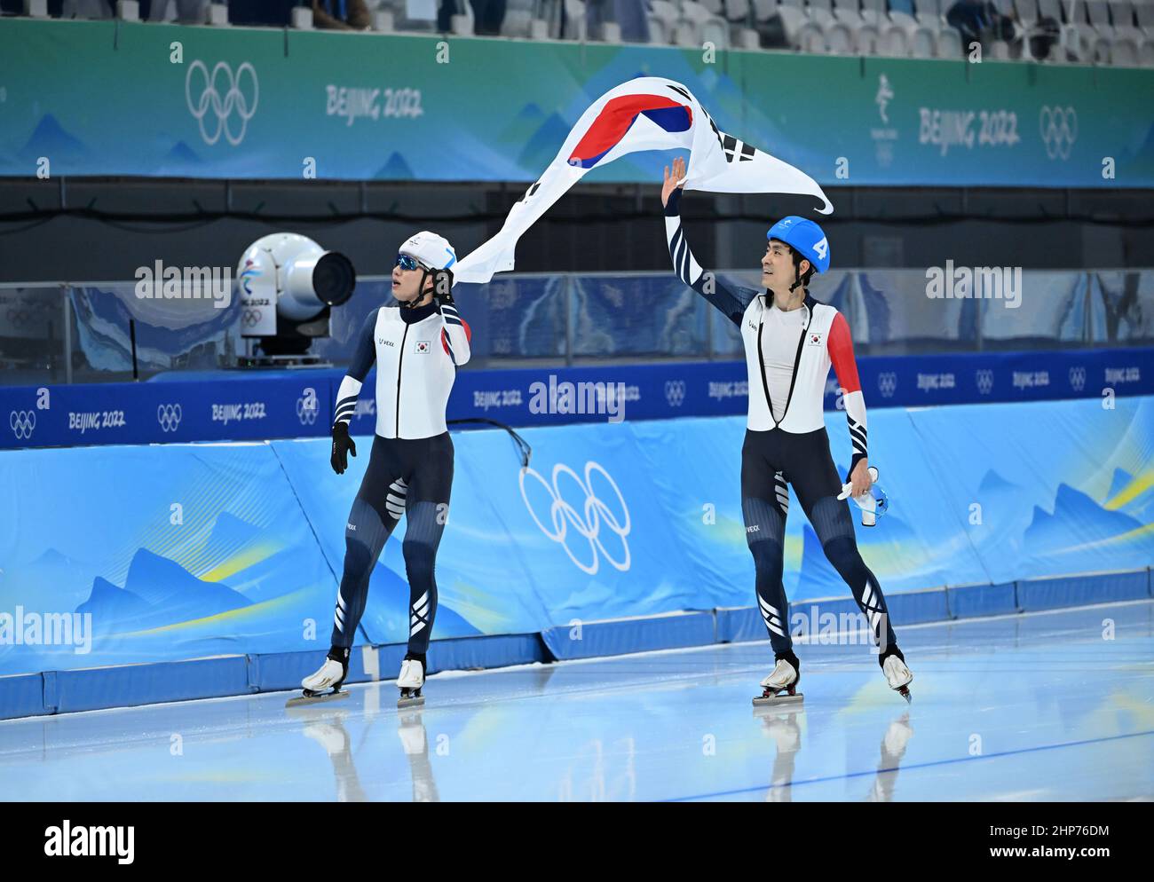 Beijing, China. 19th Feb, 2022. Chung Jae Won (L) and Lee Seung Hoon (L) of South Korea celebrate after the speed skating men's mass start final of Beijing 2022 Winter Olympics at the National Speed Skating Oval in Beijing, capital of China, Feb. 19, 2022. Credit: Wu Wei/Xinhua/Alamy Live News Stock Photo