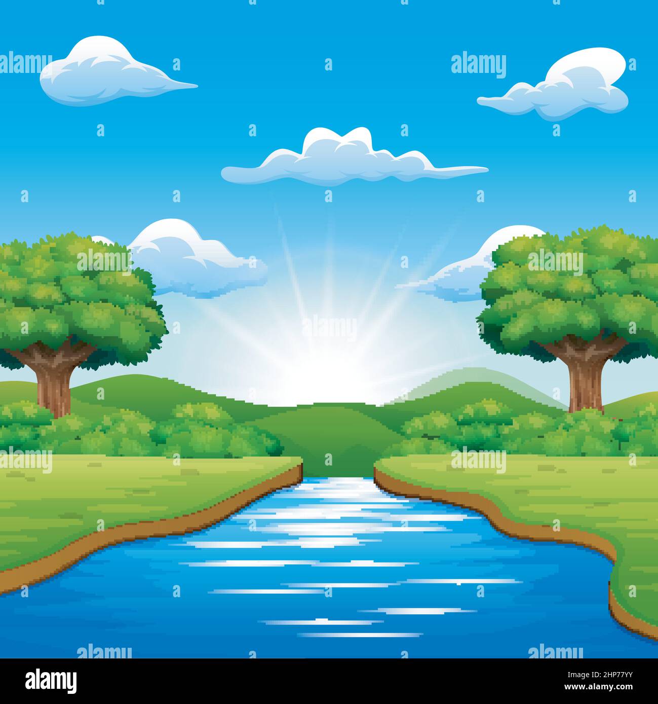 River cartoons in the middle beautiful natural scenery Stock Vector