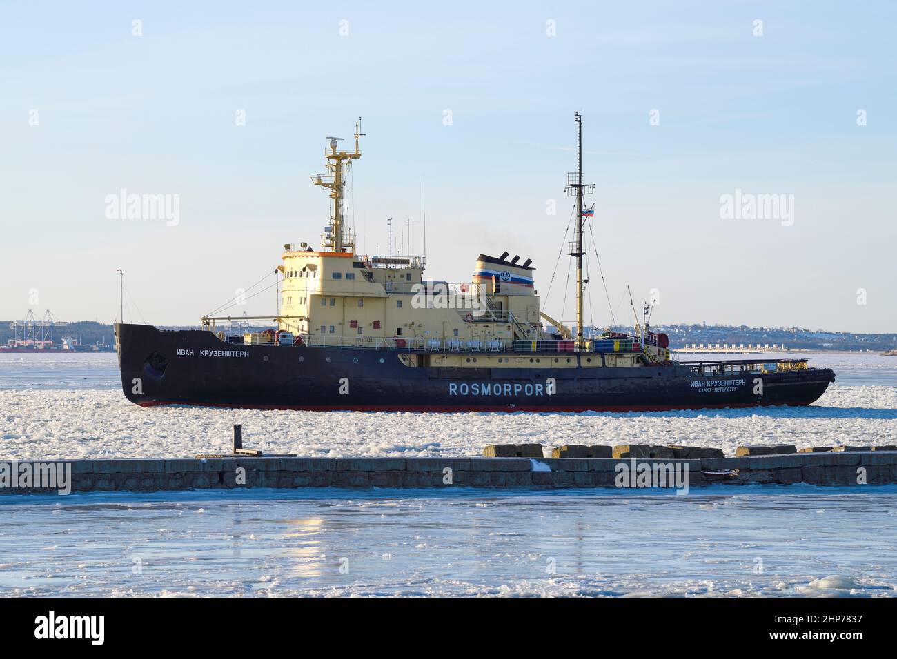 KRONSHTADT, RUSSIA - JANUARY 18, 2022: Icebreaker 'Ivan Kruzenshtern' on the Kronstadt roadstead on a January afternoon Stock Photo
