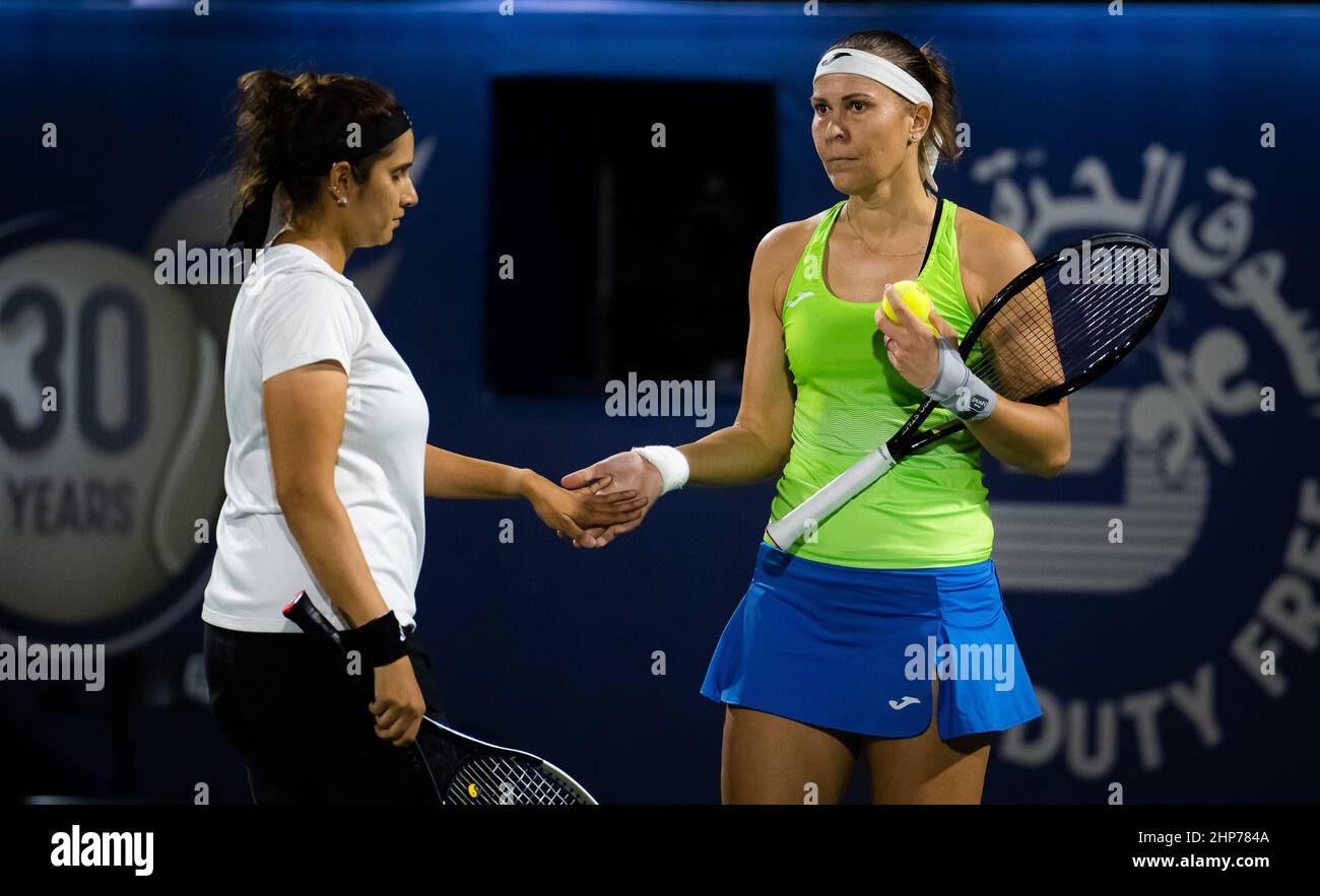 Lucie Hradecka of the Czech Republic & Sania Mirza of India in action during the doubles semi-final of the 2022 Dubai Duty Free Tennis Championships WTA 1000 tennis tournament on February 18, 2022 at The Aviation Club Tennis Centre in Dubai, UAE - Photo: Rob Prange/DPPI/LiveMedia Stock Photo