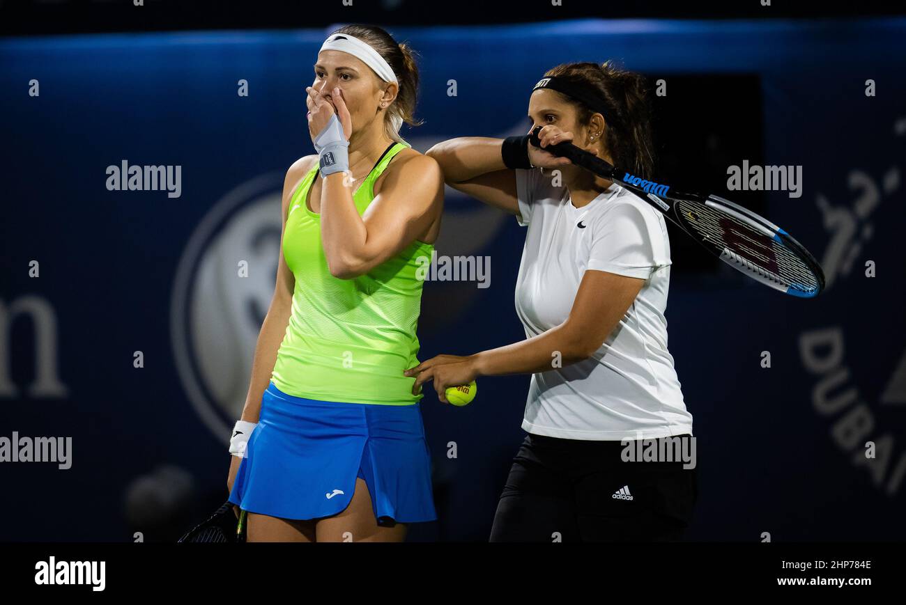 Lucie Hradecka of the Czech Republic & Sania Mirza of India in action during the doubles semi-final of the 2022 Dubai Duty Free Tennis Championships WTA 1000 tennis tournament on February 18, 2022 at The Aviation Club Tennis Centre in Dubai, UAE - Photo: Rob Prange/DPPI/LiveMedia Stock Photo