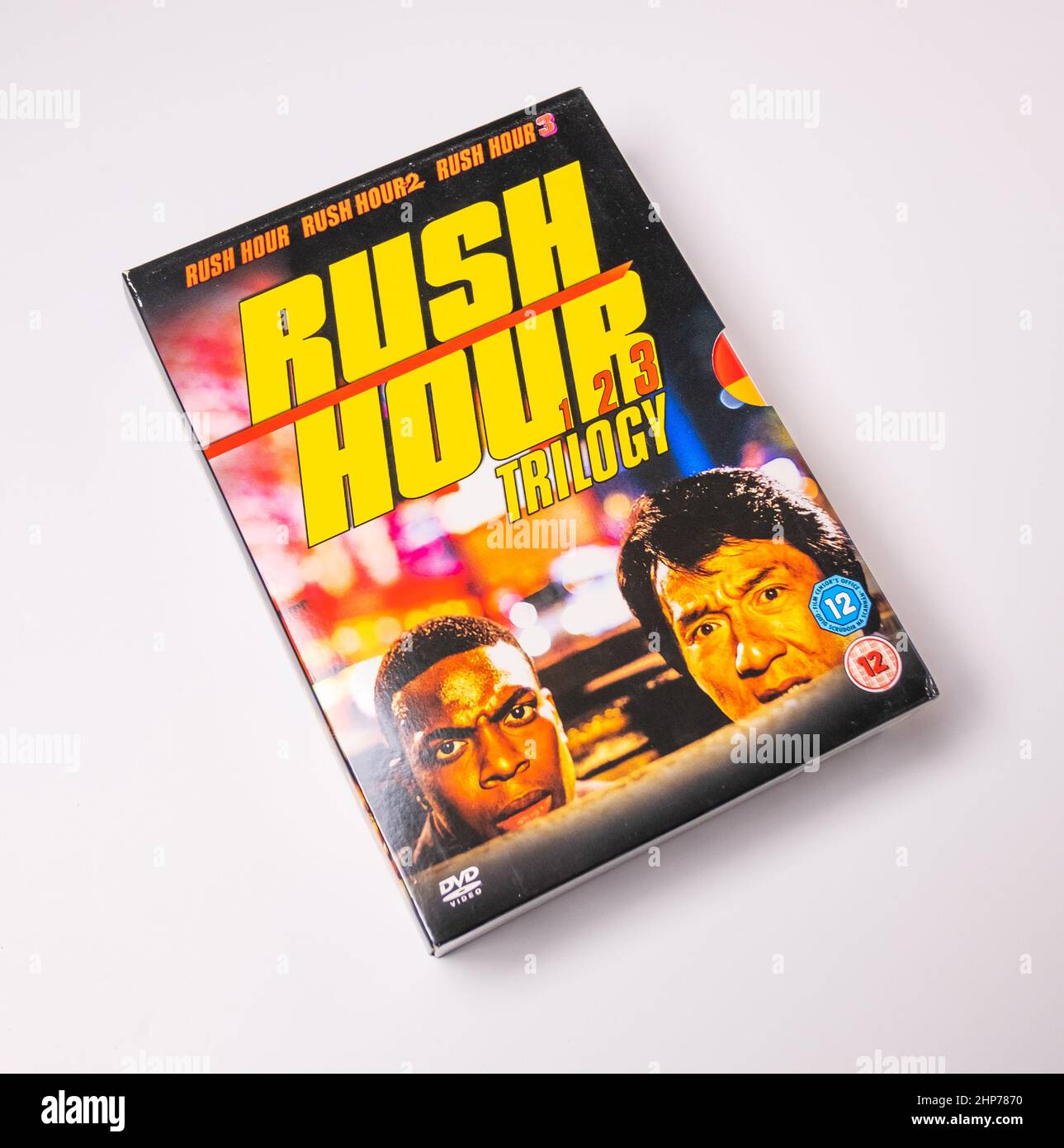 Norwich, Norfolk, UK February 2022. The Rush Hour Trilogy DVD box set isolated on a plain
