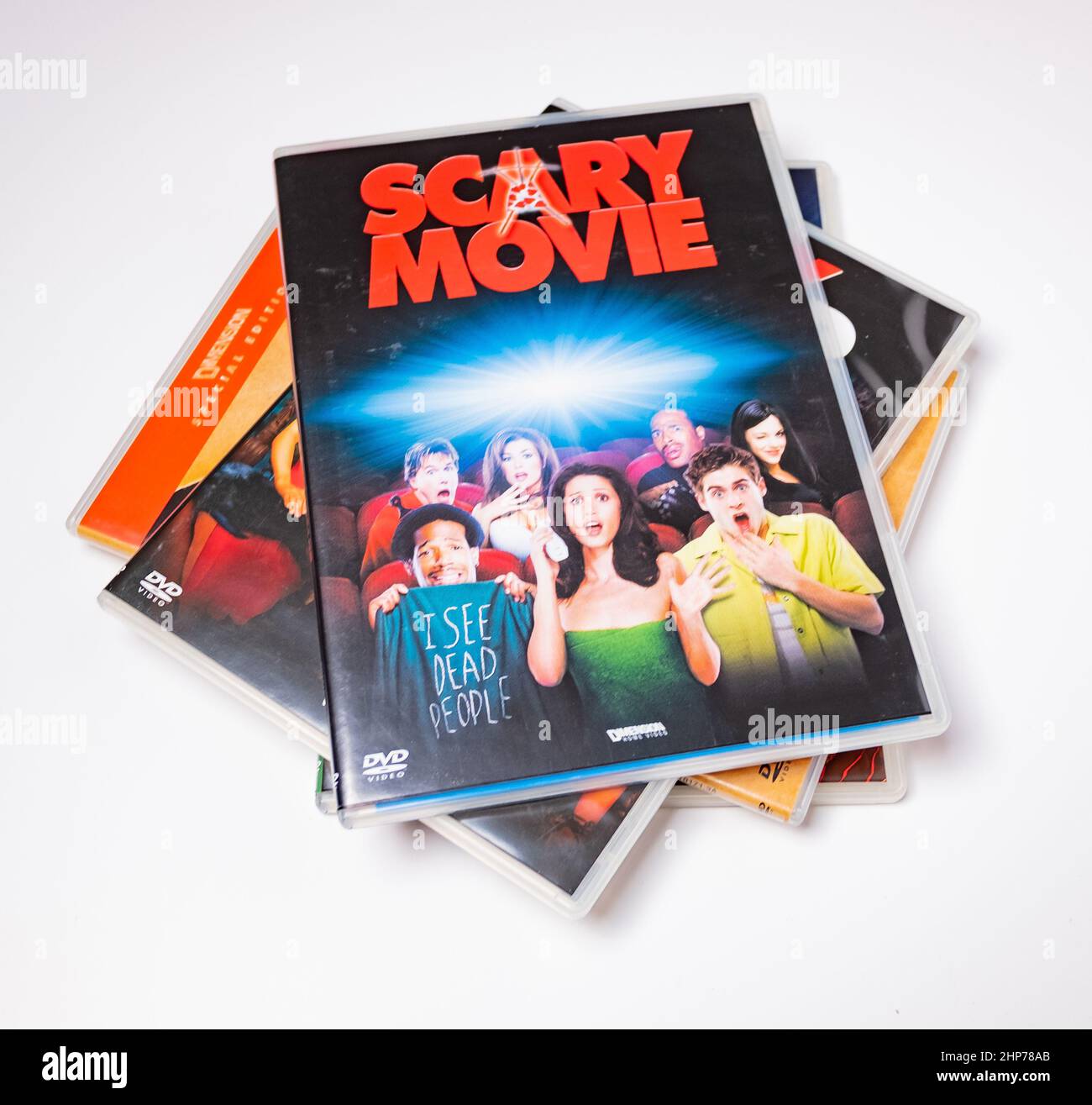 Norwich, Norfolk, UK February 2022. The Scary Movie DVD on top of a