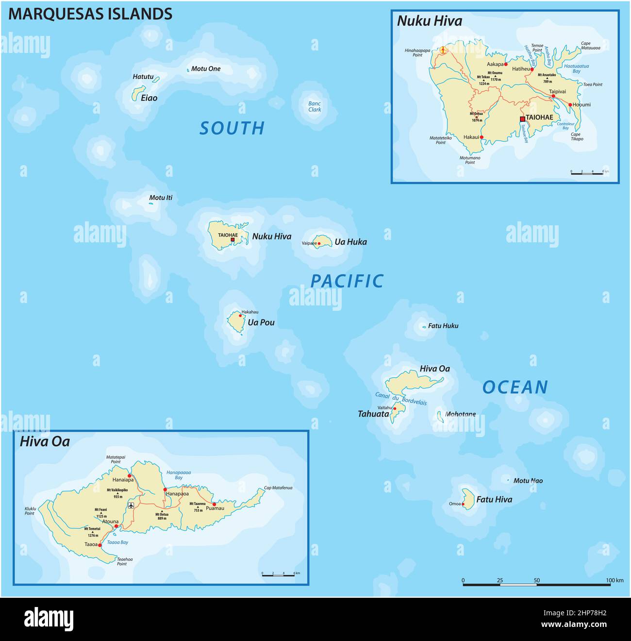 Vector map of the Marquesas Islands, French Polynesia Stock Vector