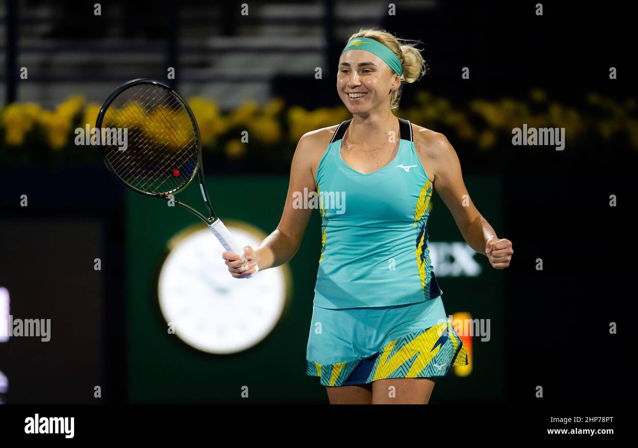 Lyudmyla Kichenok of Ukraine in action during the doubles semi-final of the  2022 Dubai Duty Free Tennis Championships WTA 1000 tennis tournament on  February 18, 2022 at The Aviation Club Tennis Centre