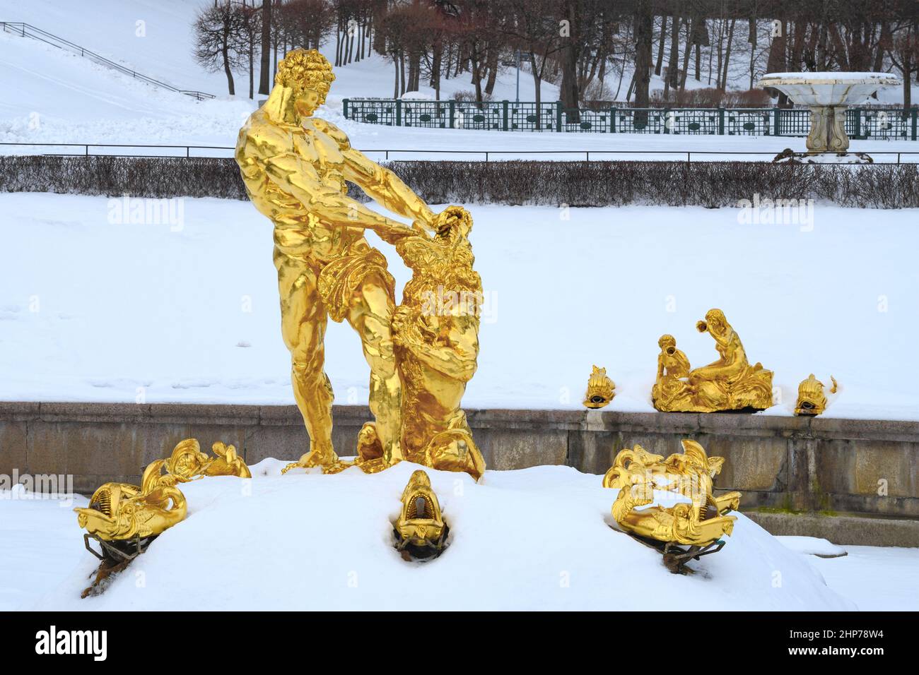 PETRODVORETS, RUSSIA - FEBRUARY 12, 2022: Fountain 'Samson, tearing the mouth of a lion' on a winter day. Peterhof Palace and Park Complex Stock Photo