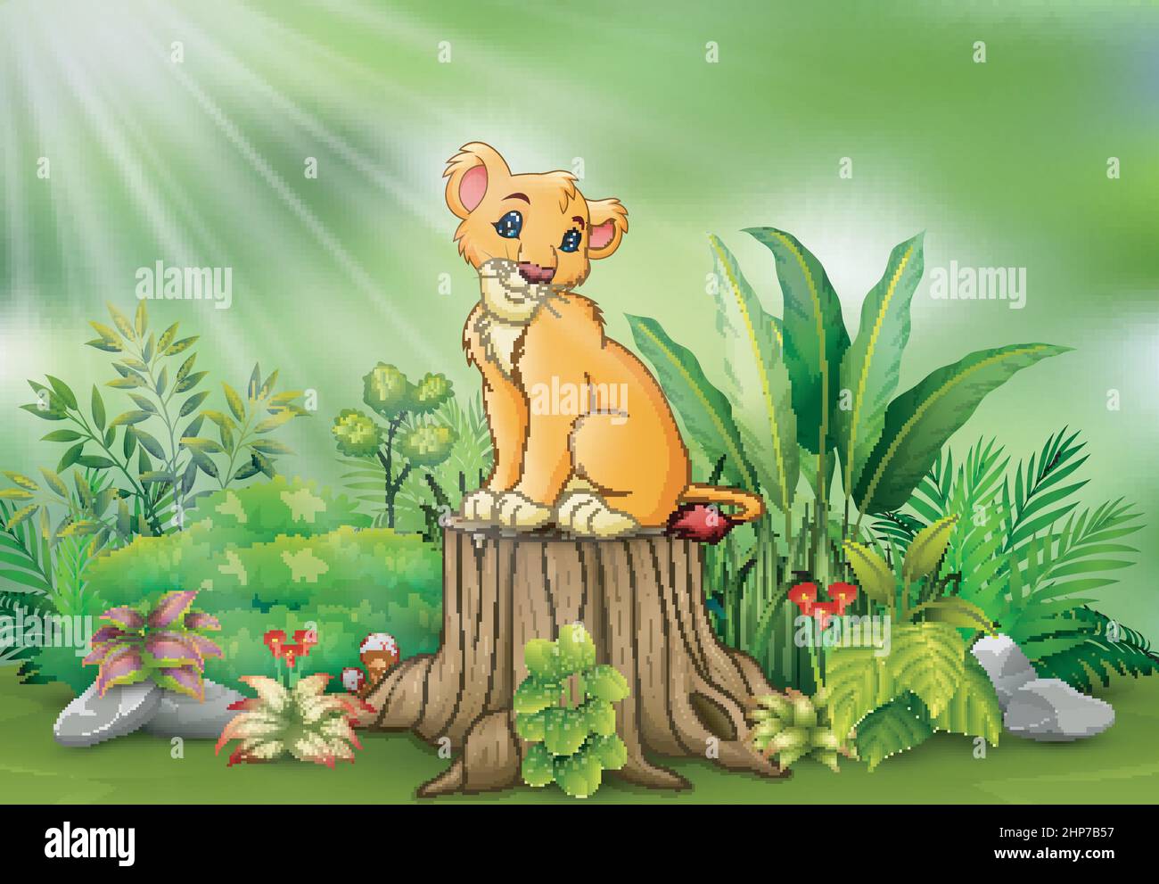 Cartoon of a lion sitting on tree stump with green plants background ...