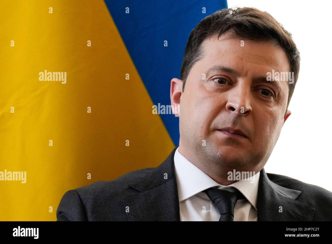 Ukrainian President Volodymyr Zelenskyy attends a meeting with Prime Minister Boris Johnson at the Munich Security Conference in Germany where the Prime Minister is meeting with world leaders to discuss tensions in eastern Europe. Picture date: Saturday February 19, 2022. Stock Photo