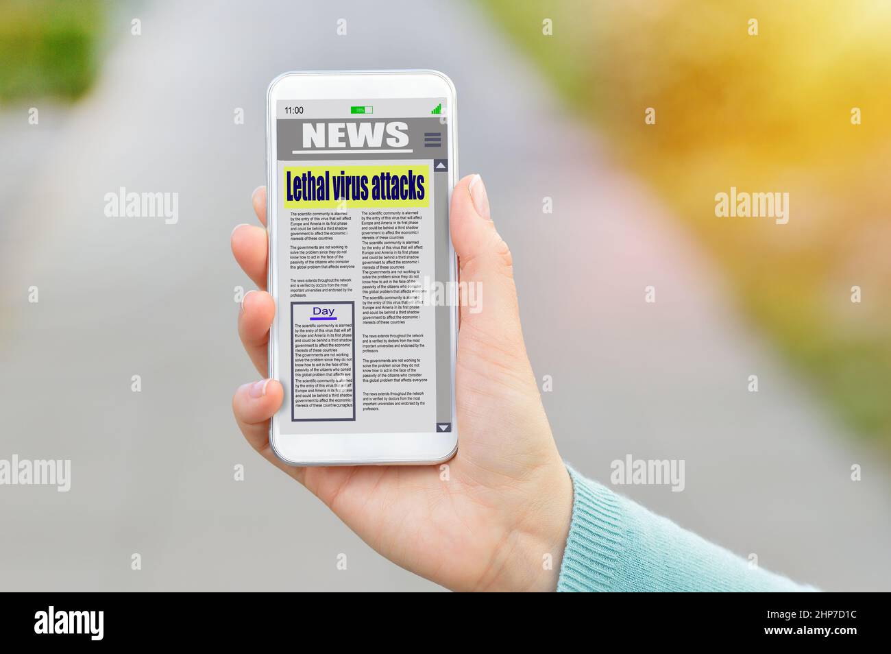Online news in mobile phone. Close up of smartphone screen. Woman reading articles in application. Hand holding smart device. Mockup website. Newspape Stock Photo