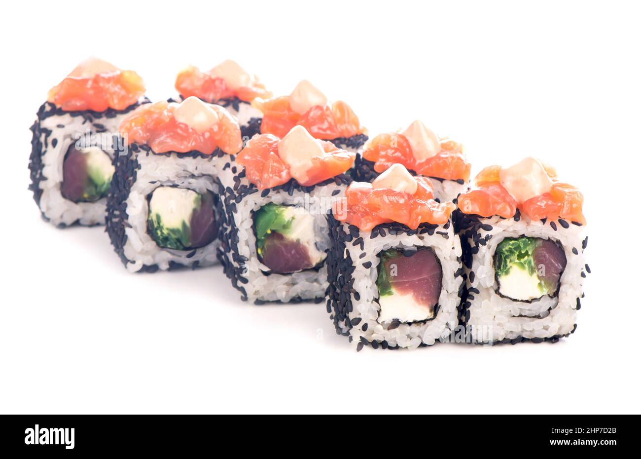 Philadelphia roll sushi with salmon, prawn, avocado, cream cheese. Sushi menu. Japanese food