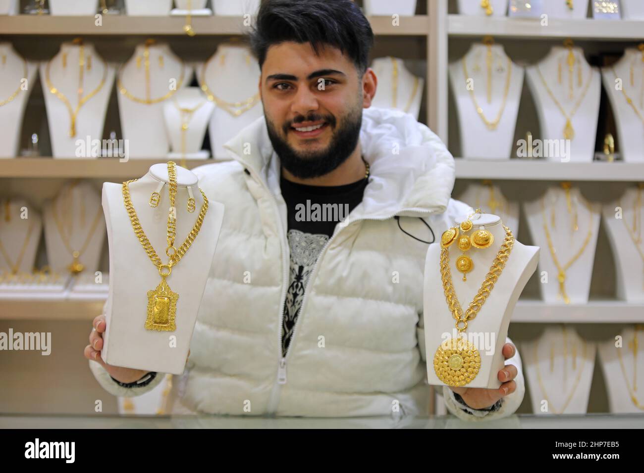 Beirut, Lebanon. 15th Feb, 2022. An employee shows jewellery inside a