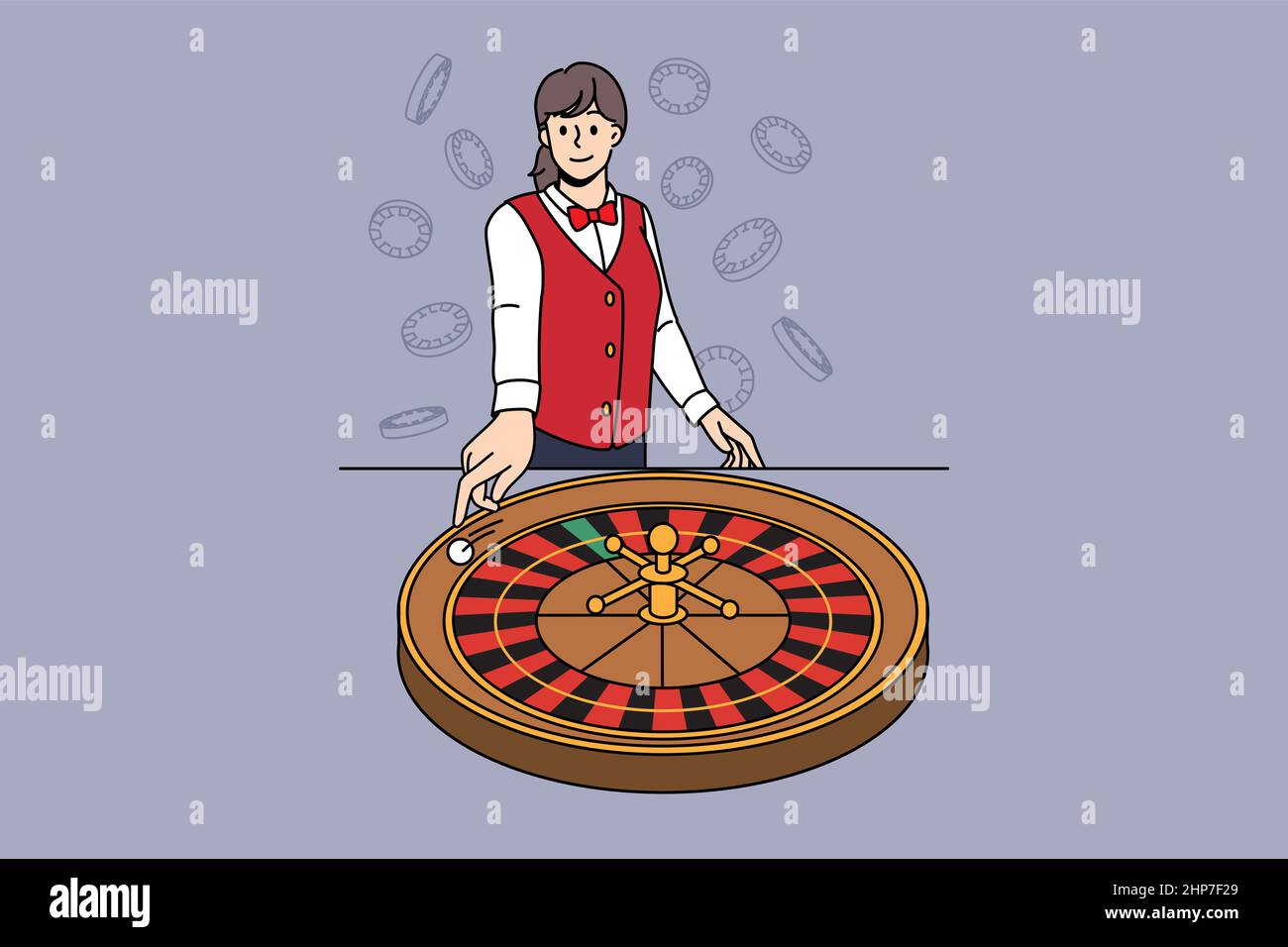 Smiling female croupier spin roulette in casino Stock Vector