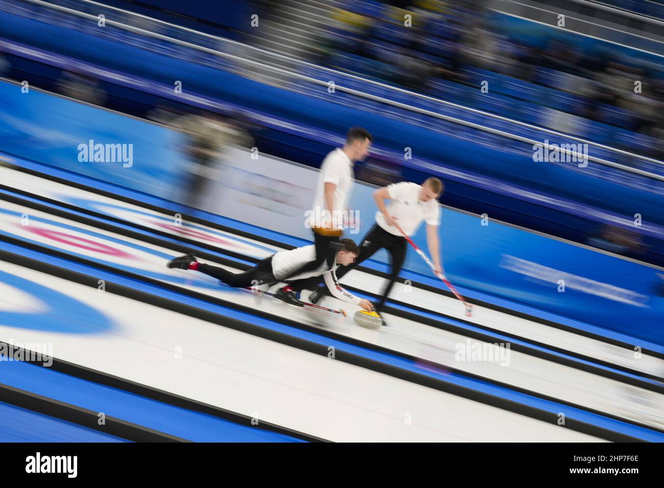 Beijing, China. 19th Feb, 2022. Great Britain's Bruce Mouat delivers the stone during their Men's Curling Bronze Medal Game against Sweden at the Beijing 2022 Winter Olympics on Friday, February 18, 2022. Photo by Paul Hanna/UPI Credit: UPI/Alamy Live News Stock Photo