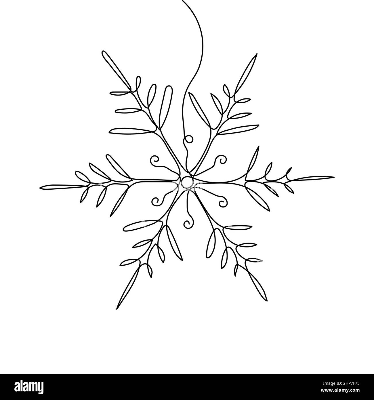 Continuous one-line drawing of a snowflake. New Years celebration concept isolated on white background. Vector sketch illustration Stock Vector