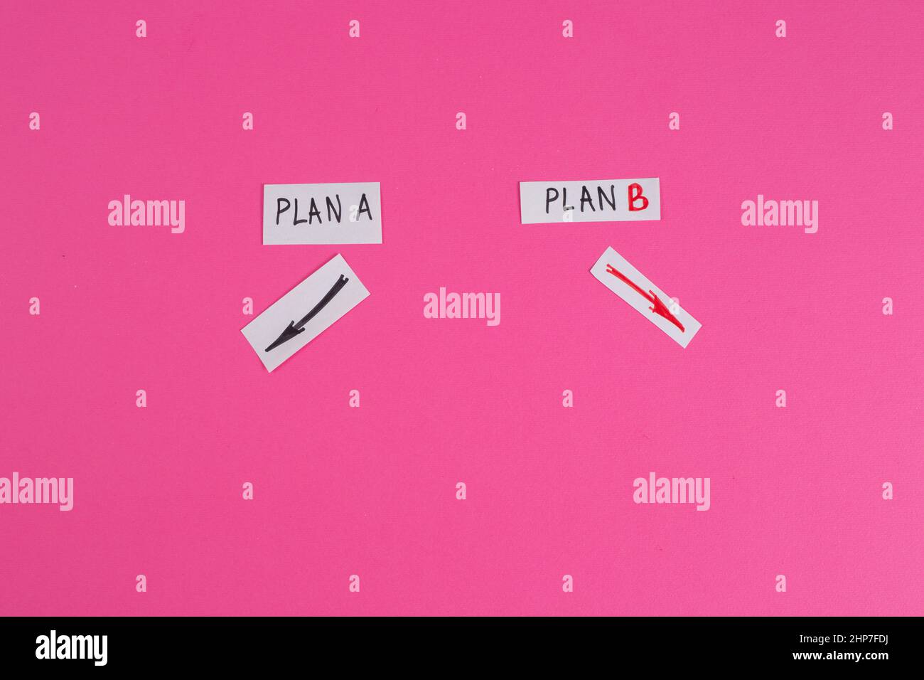 Business plan concept diagram on pink background. Top view, flat lay, copy space. Stock Photo