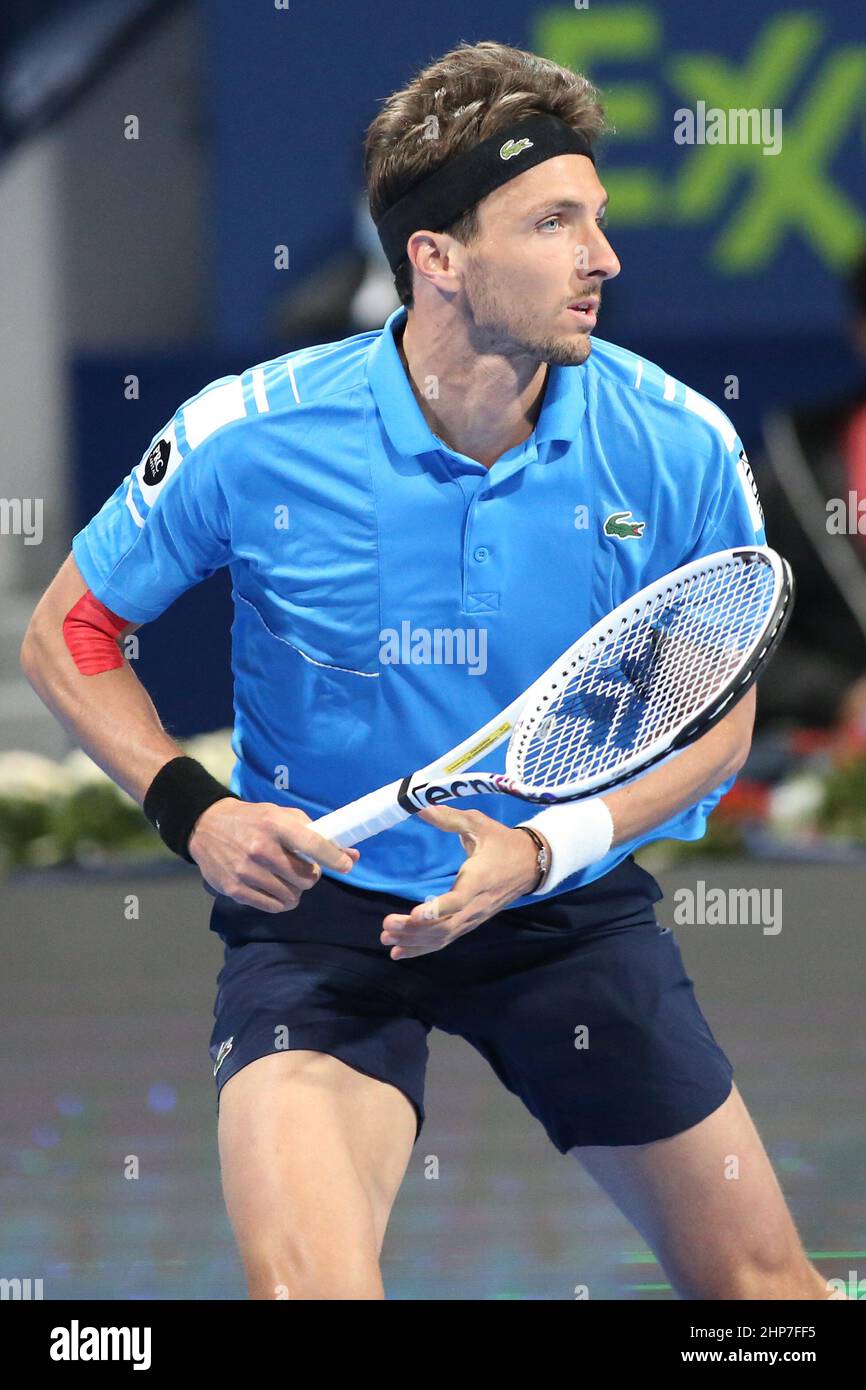Arthur Rinderknech of France in action during his Semi-Final match with  Nikoloz Basilashvili of Georgia in the Qatar ExxonMobil Open at Khalifa  International Tennis and Squash Complex on February 18, 2022 in