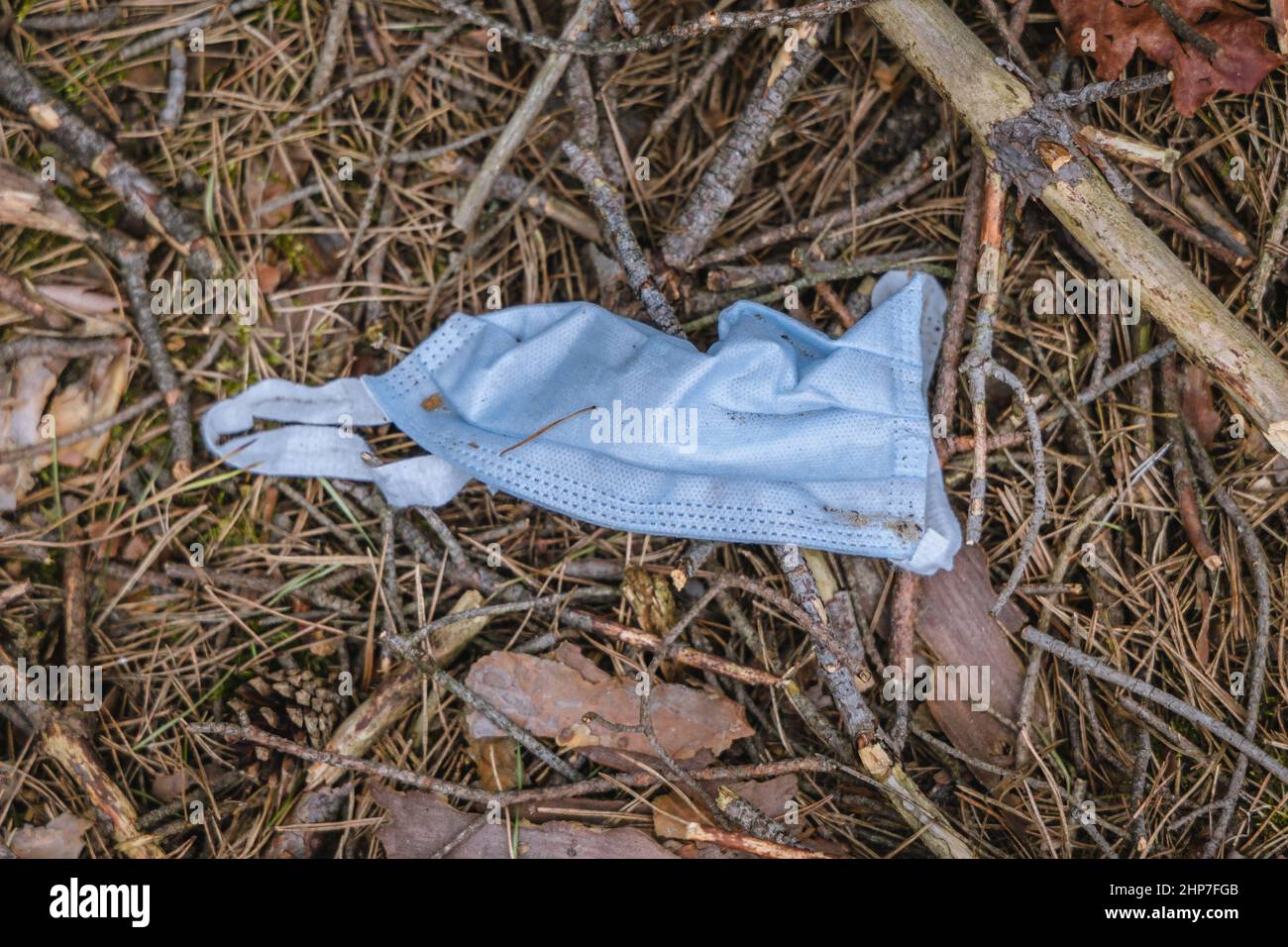 Old face mask thrown on a ground in forest in Poland Stock Photo