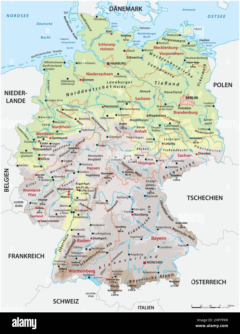 Very detailed physical and administrative map of Germany with German labeling Stock Vector