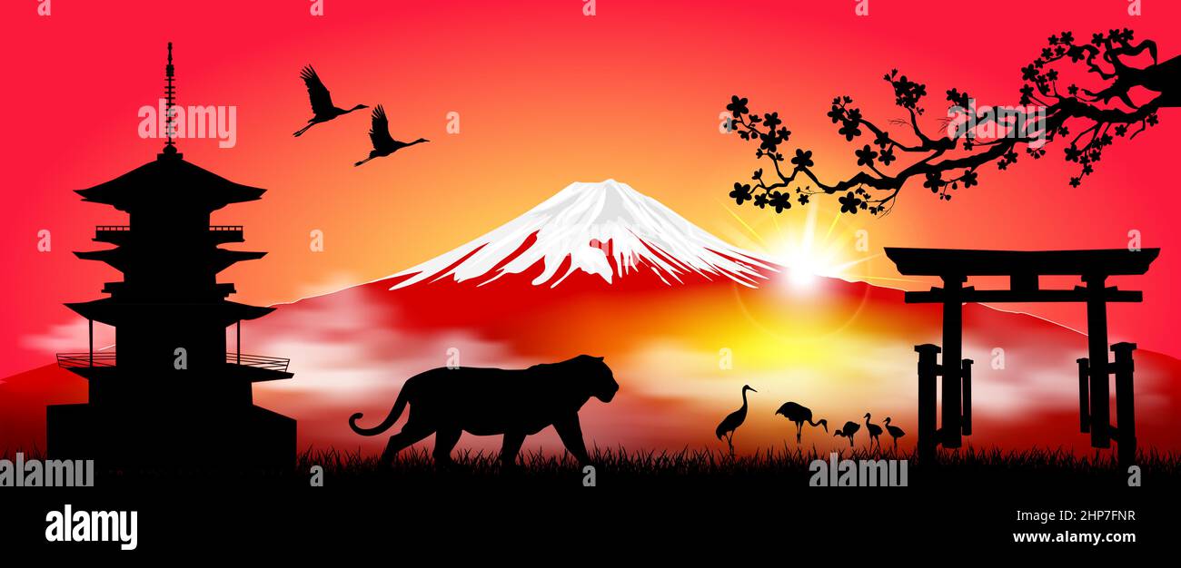 Tiger on the background of Mount Fuji Stock Vector