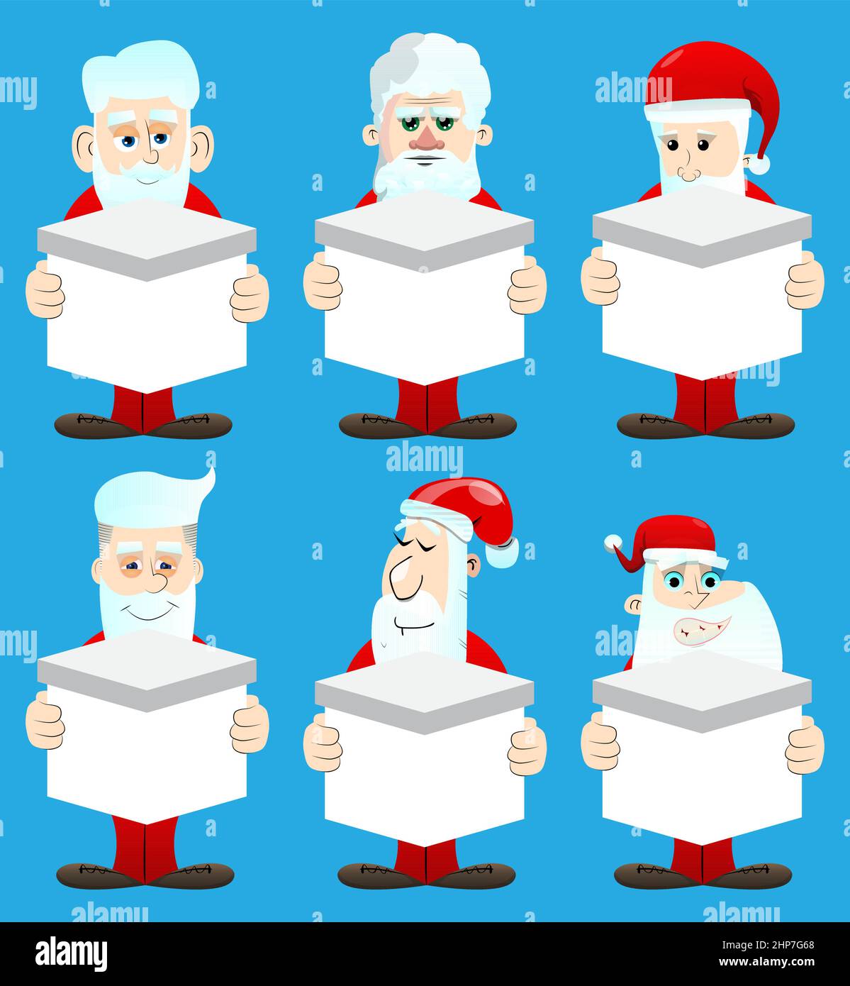 Santa Claus in his red clothes with white beard holding white box Stock Vector