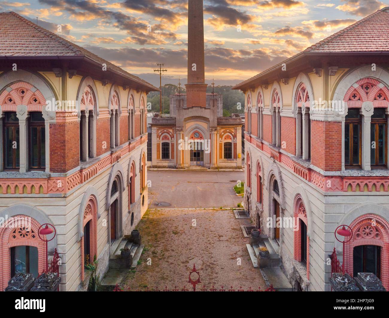 Aerial front view of the historic industrial city of Crespi d'Adda, Bergamo, Italy Stock Photo