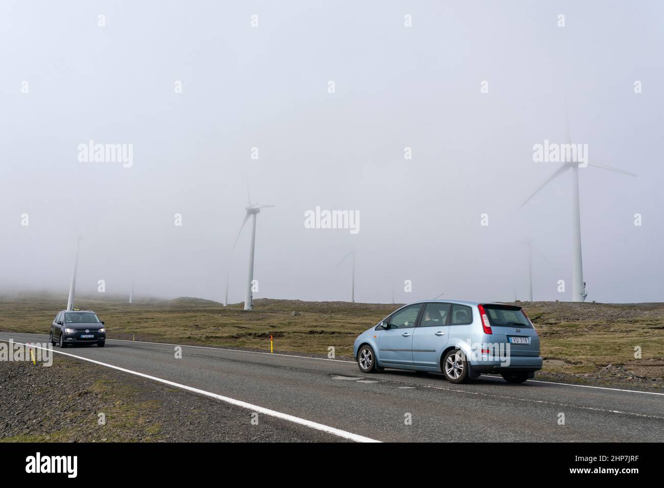 A windfarm along the road to Thorshavn, Streymoy Island, Faroe Islands, Denmark. Stock Photo