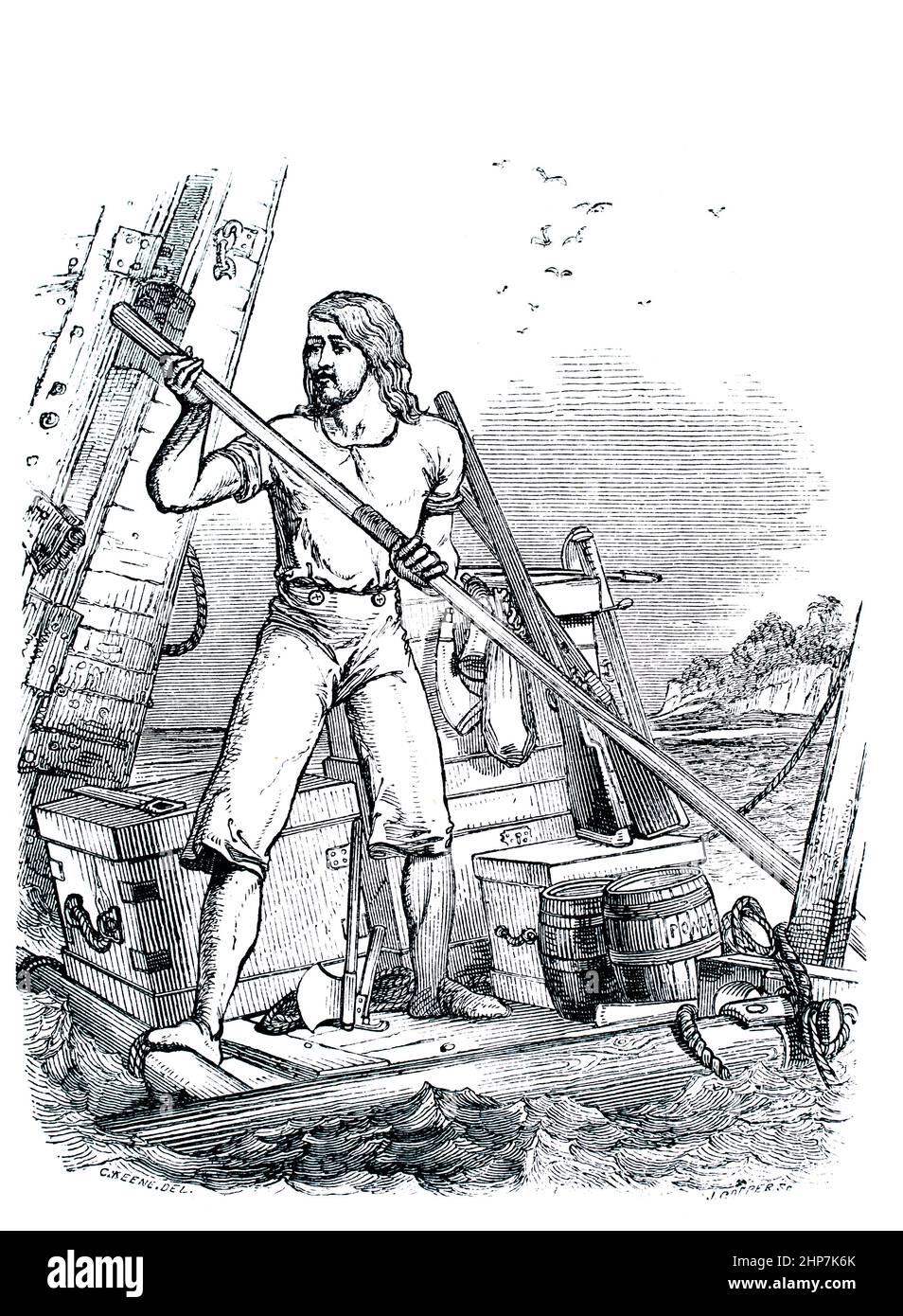 illustration, Robinson Crusoe adrift on raft, illustrated by Charles Keene, from The Life and Surprising Adventures of Robinson Stock Photo