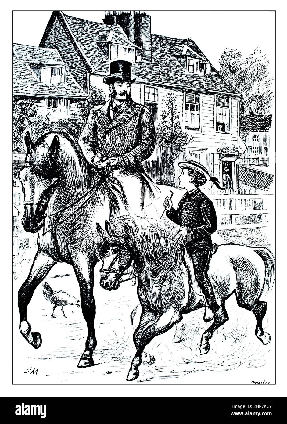 Victorian father and son out riding,1874 illustration, by Franco-British cartoonist and writer George du Maurier, from Florence Montgomery’s novel Mis Stock Photo