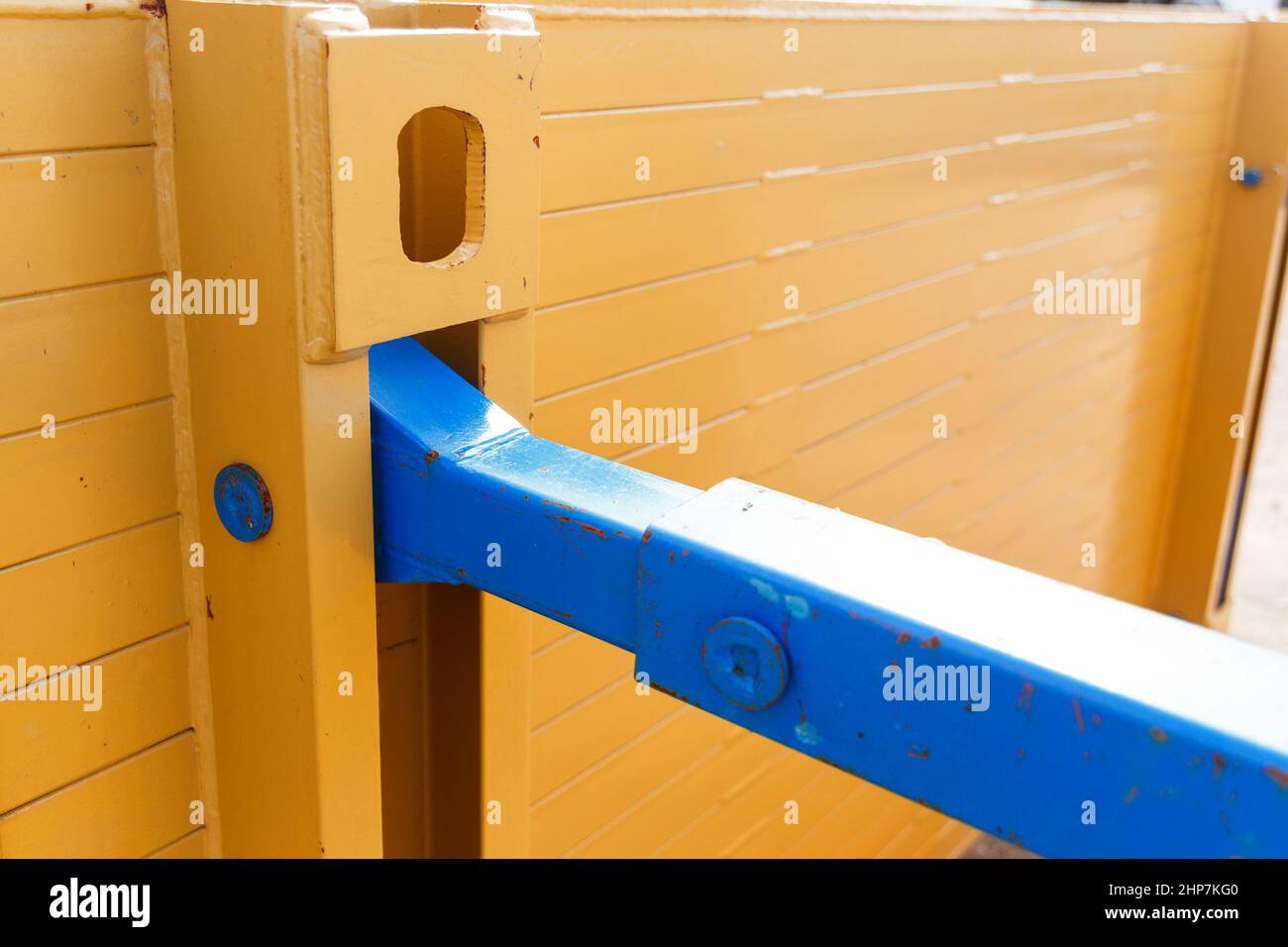 The component of metal supports for protecting the walls of the trench. Close-up. Stock Photo